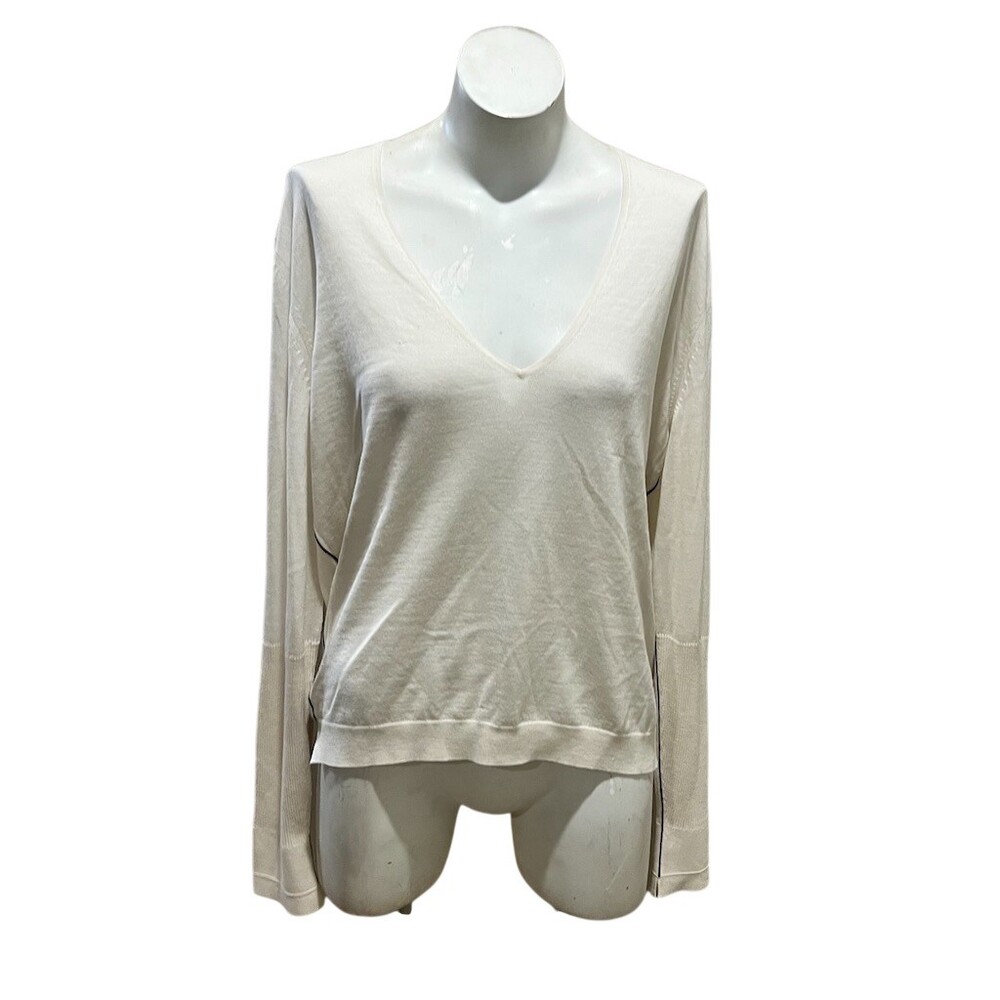 Maria  McNanus McManus Sweater Womens Size L Ivory V-Neck Pullover Lightweight